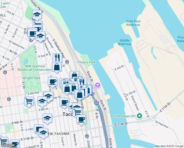 map of restaurants, bars, coffee shops, grocery stores, and more near 535 Dock Street in Tacoma