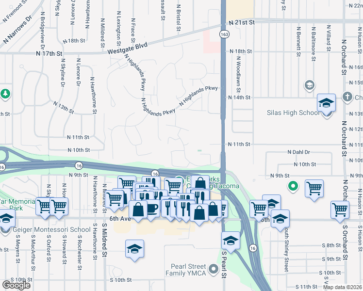 map of restaurants, bars, coffee shops, grocery stores, and more near 922 North Pearl Street in Tacoma