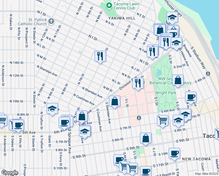 map of restaurants, bars, coffee shops, grocery stores, and more near 406 North L Street in Tacoma