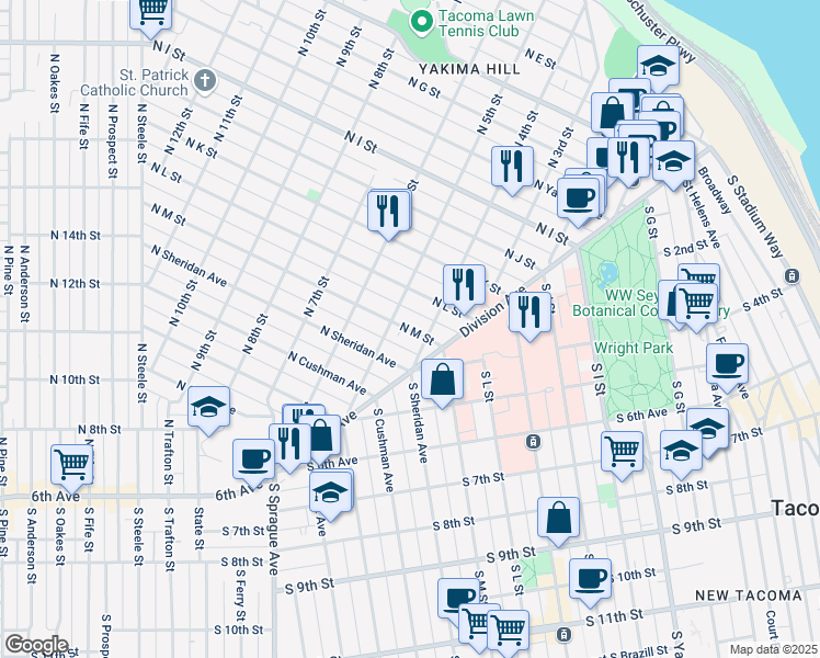 map of restaurants, bars, coffee shops, grocery stores, and more near 406 North L Street in Tacoma