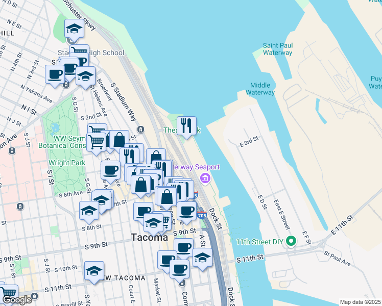 map of restaurants, bars, coffee shops, grocery stores, and more near 405 Dock Street in Tacoma
