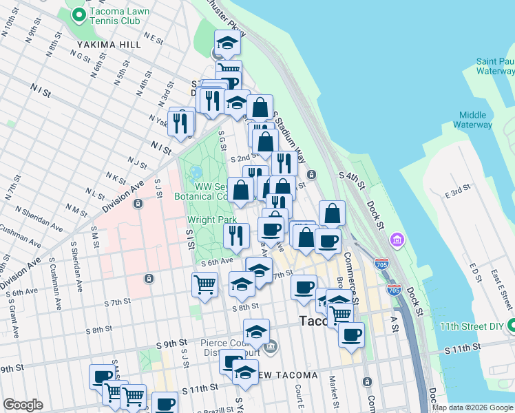 map of restaurants, bars, coffee shops, grocery stores, and more near 415 Tacoma Ave S in Tacoma