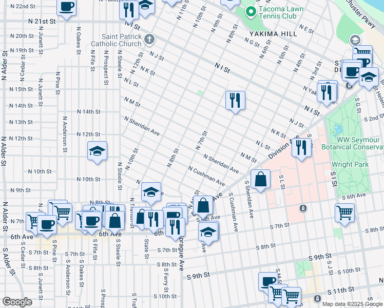 map of restaurants, bars, coffee shops, grocery stores, and more near 702 North Sheridan Avenue in Tacoma
