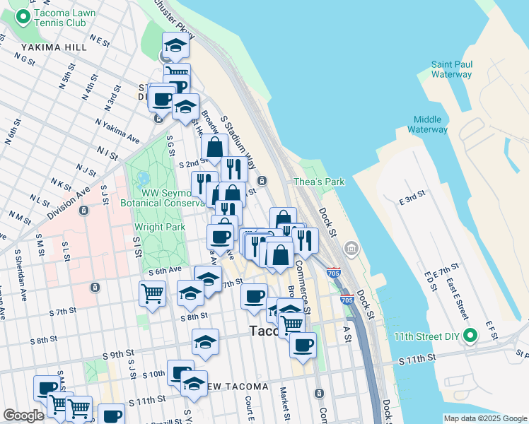 map of restaurants, bars, coffee shops, grocery stores, and more near 431 Broadway in Tacoma