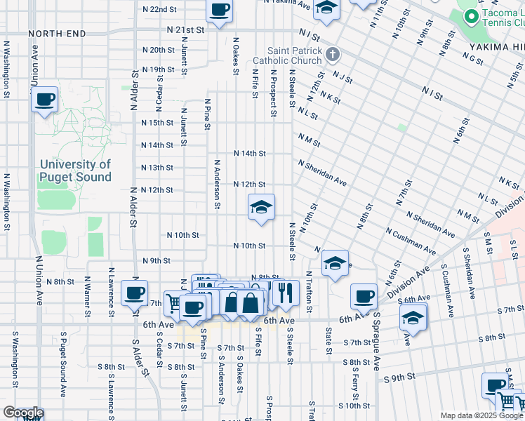 map of restaurants, bars, coffee shops, grocery stores, and more near in Tacoma