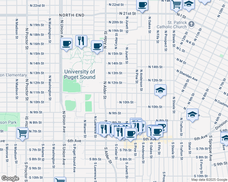 map of restaurants, bars, coffee shops, grocery stores, and more near 1116 North Cedar Street in Tacoma