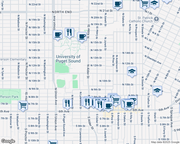 map of restaurants, bars, coffee shops, grocery stores, and more near 1114 North Alder Street in Tacoma
