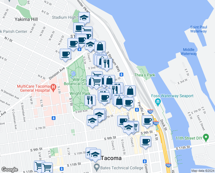 map of restaurants, bars, coffee shops, grocery stores, and more near 246 Saint Helens Avenue in Tacoma