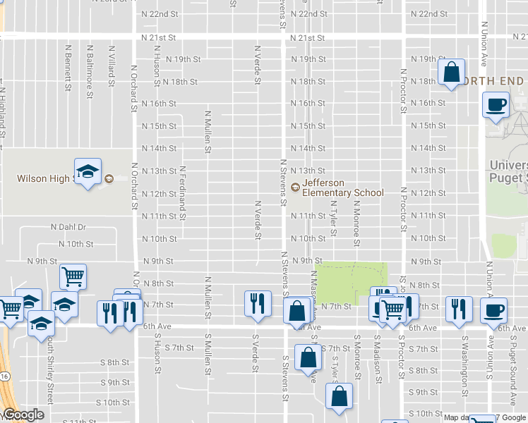 map of restaurants, bars, coffee shops, grocery stores, and more near 4423 North 11th Street in Tacoma