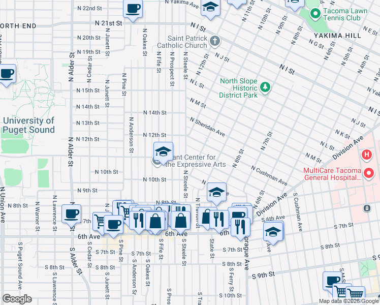 map of restaurants, bars, coffee shops, grocery stores, and more near 1015 North Ainsworth Avenue in Tacoma