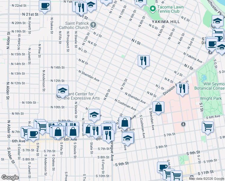 map of restaurants, bars, coffee shops, grocery stores, and more near 1320 North 8th Street in Tacoma