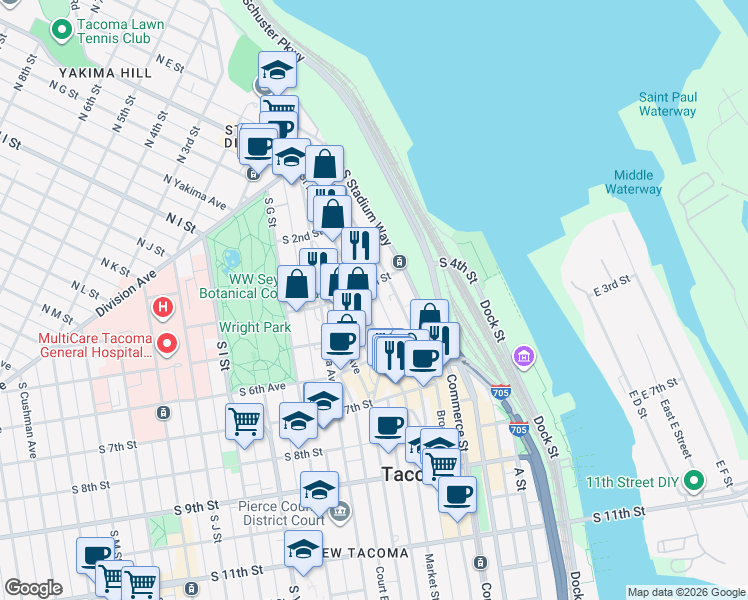map of restaurants, bars, coffee shops, grocery stores, and more near 408 Broadway in Tacoma