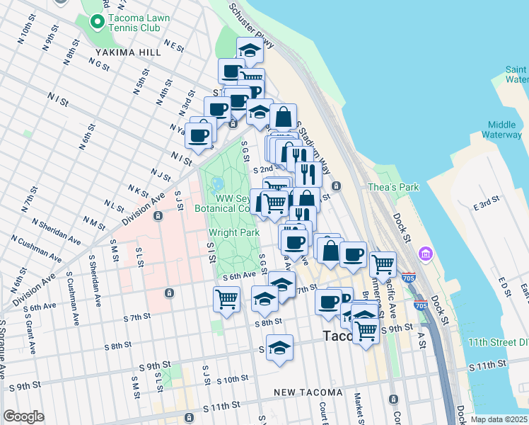 map of restaurants, bars, coffee shops, grocery stores, and more near 308 Tacoma Avenue South in Tacoma