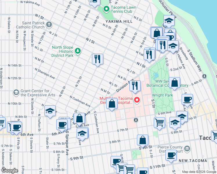 map of restaurants, bars, coffee shops, grocery stores, and more near 406 North L Street in Tacoma