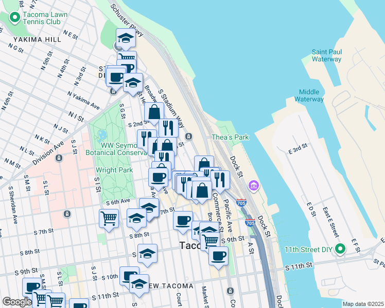 map of restaurants, bars, coffee shops, grocery stores, and more near 431 Broadway in Tacoma