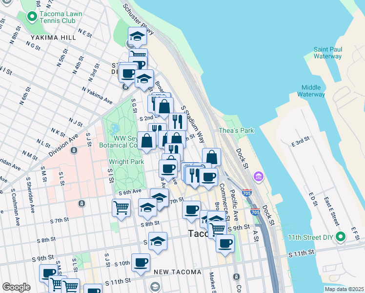 map of restaurants, bars, coffee shops, grocery stores, and more near 408 Broadway in Tacoma