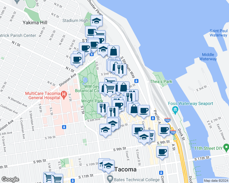 map of restaurants, bars, coffee shops, grocery stores, and more near 308 Tacoma Avenue South in Tacoma
