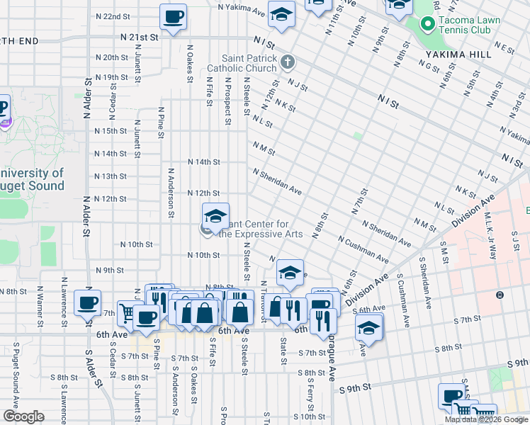 map of restaurants, bars, coffee shops, grocery stores, and more near 1012 North Cushman Avenue in Tacoma