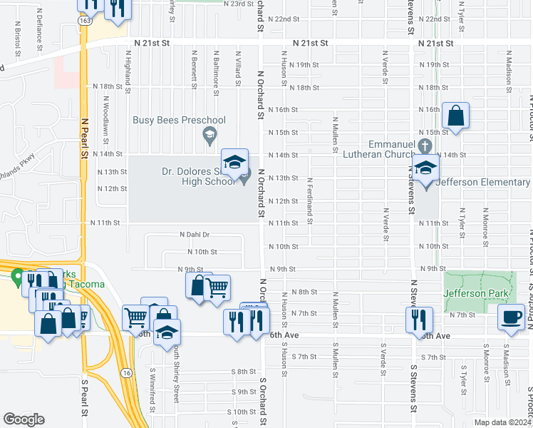 map of restaurants, bars, coffee shops, grocery stores, and more near 1107 North Orchard Street in Tacoma