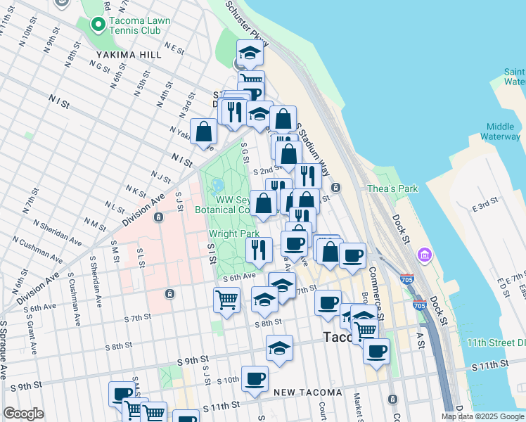 map of restaurants, bars, coffee shops, grocery stores, and more near 319 South G Street in Tacoma