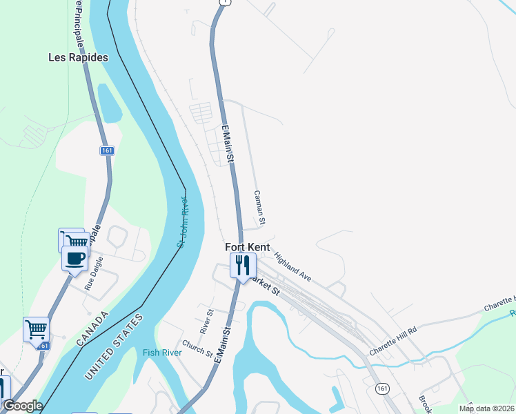 map of restaurants, bars, coffee shops, grocery stores, and more near 30 Cannan Street in Fort Kent