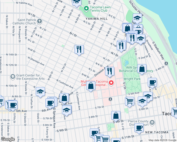 map of restaurants, bars, coffee shops, grocery stores, and more near 1201 North 4th Street in Tacoma