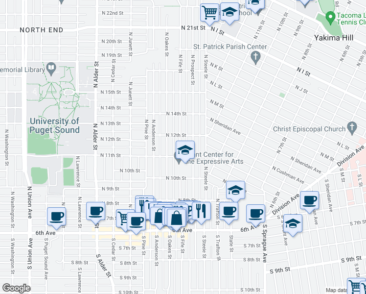 map of restaurants, bars, coffee shops, grocery stores, and more near 1115 North Fife Street in Tacoma