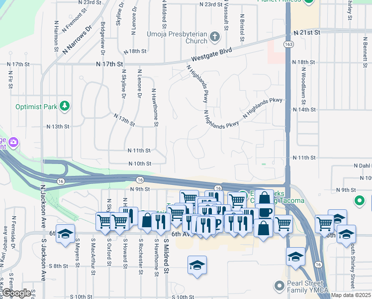 map of restaurants, bars, coffee shops, grocery stores, and more near 1106 Frace Street in Tacoma
