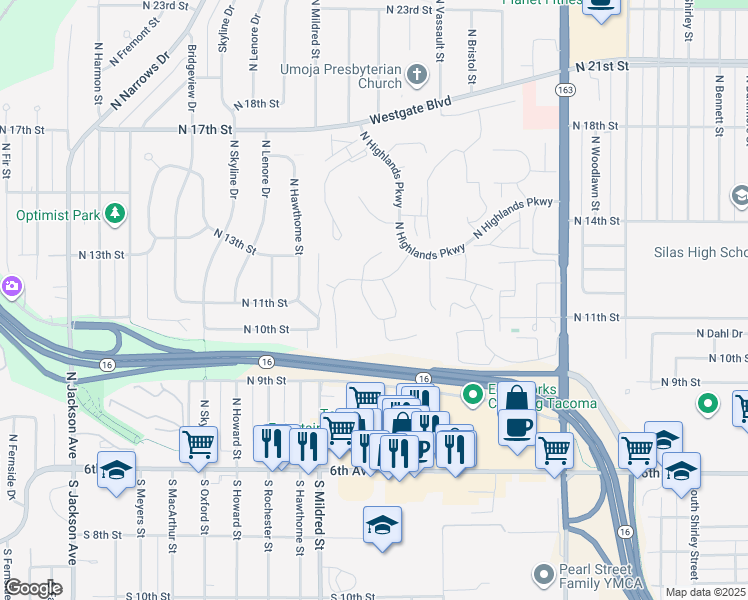 map of restaurants, bars, coffee shops, grocery stores, and more near 1106 Frace Street in Tacoma