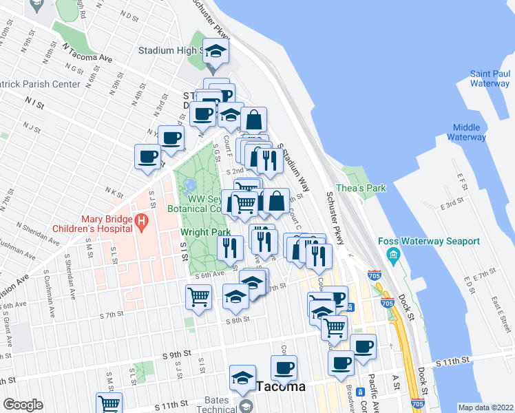 map of restaurants, bars, coffee shops, grocery stores, and more near 246 Saint Helens Avenue in Tacoma