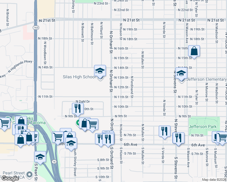 map of restaurants, bars, coffee shops, grocery stores, and more near 1113 North Orchard Street in Tacoma