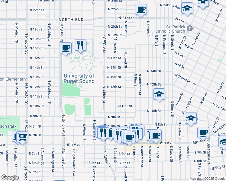 map of restaurants, bars, coffee shops, grocery stores, and more near 1116 North Cedar Street in Tacoma