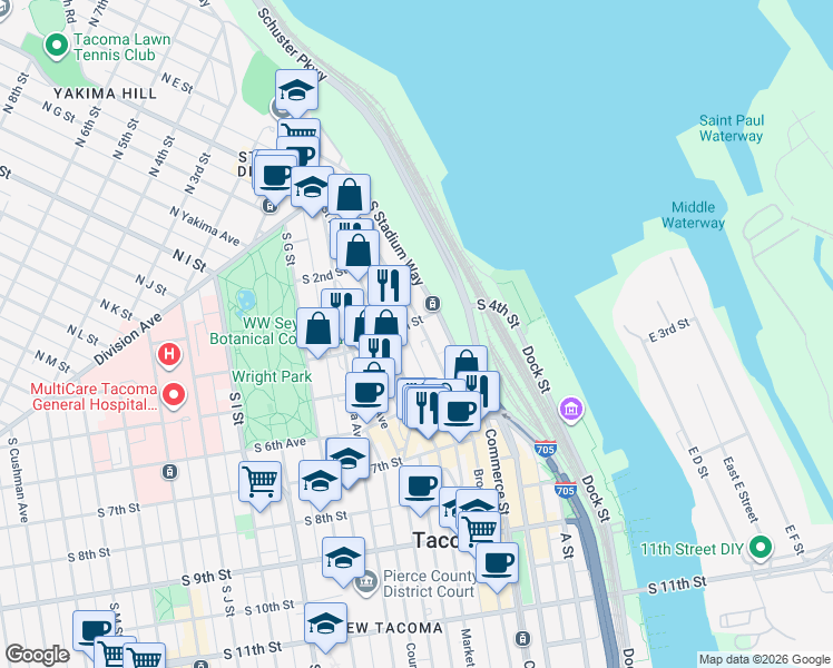 map of restaurants, bars, coffee shops, grocery stores, and more near 408 Broadway in Tacoma
