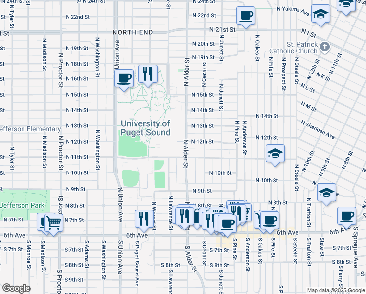 map of restaurants, bars, coffee shops, grocery stores, and more near 1114 North Alder Street in Tacoma