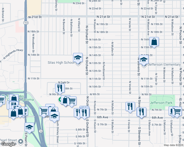 map of restaurants, bars, coffee shops, grocery stores, and more near 1113 North Orchard Street in Tacoma