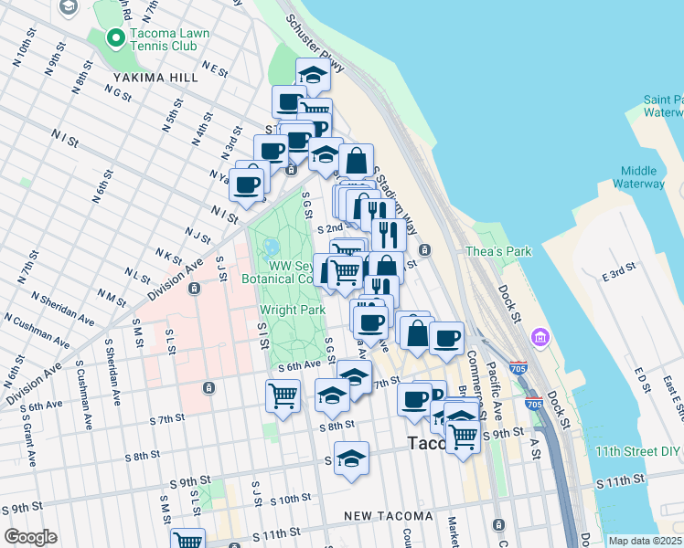 map of restaurants, bars, coffee shops, grocery stores, and more near 308 Tacoma Avenue South in Tacoma