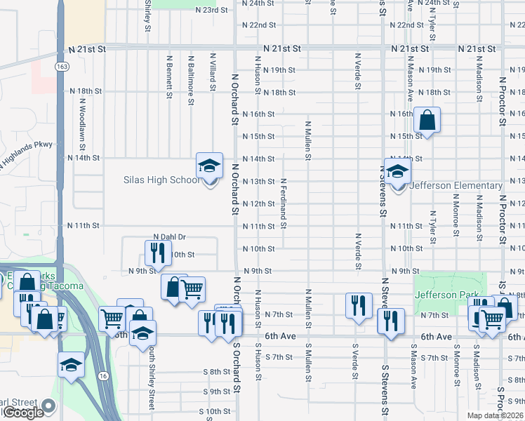map of restaurants, bars, coffee shops, grocery stores, and more near 4922 North 12th Street in Tacoma