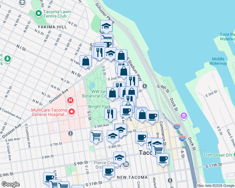 map of restaurants, bars, coffee shops, grocery stores, and more near 308 Tacoma Avenue South in Tacoma