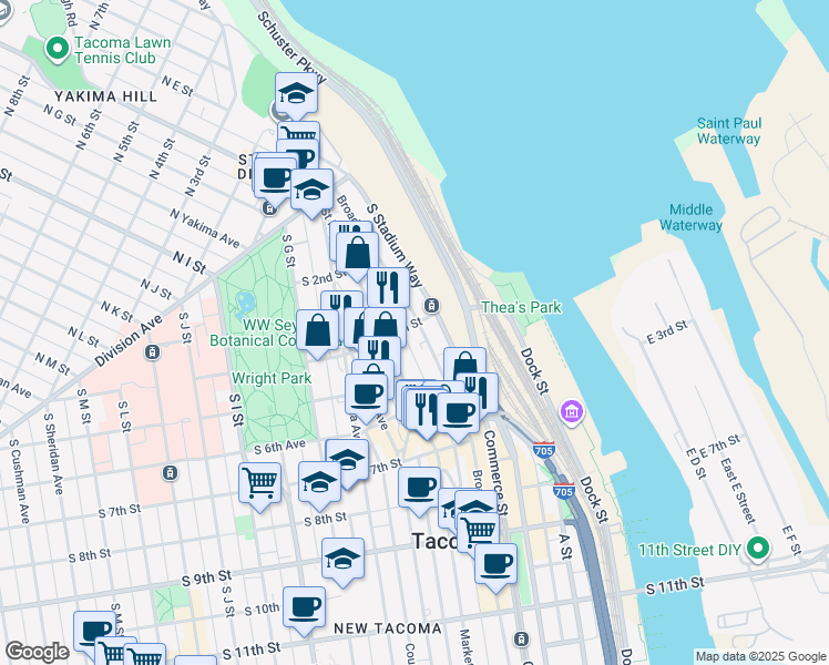map of restaurants, bars, coffee shops, grocery stores, and more near 408 Broadway in Tacoma