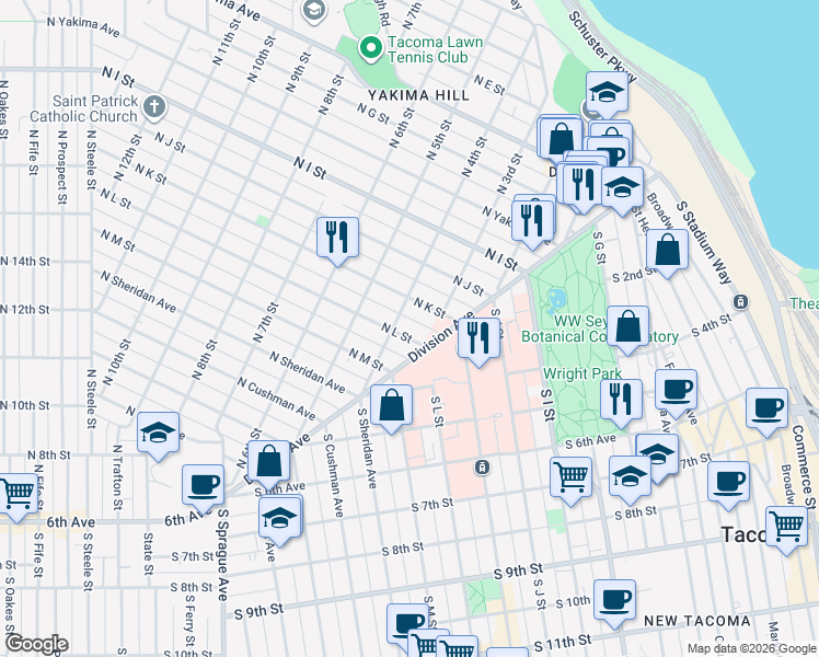 map of restaurants, bars, coffee shops, grocery stores, and more near 311 North L Street in Tacoma