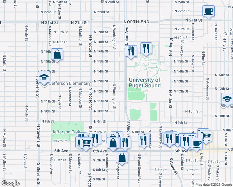 map of restaurants, bars, coffee shops, grocery stores, and more near 3620 North 12th Street in Tacoma
