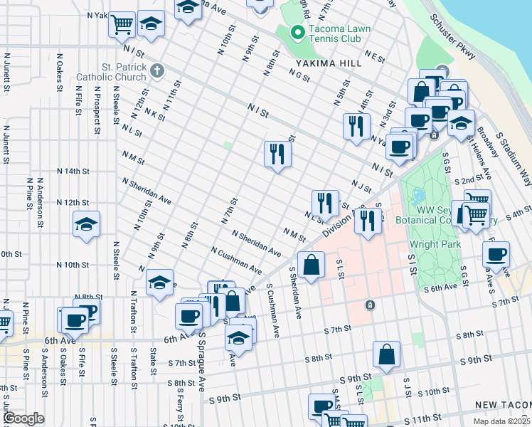map of restaurants, bars, coffee shops, grocery stores, and more near 501 North M Street in Tacoma