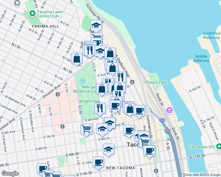 map of restaurants, bars, coffee shops, grocery stores, and more near 245 Tacoma Avenue South in Tacoma