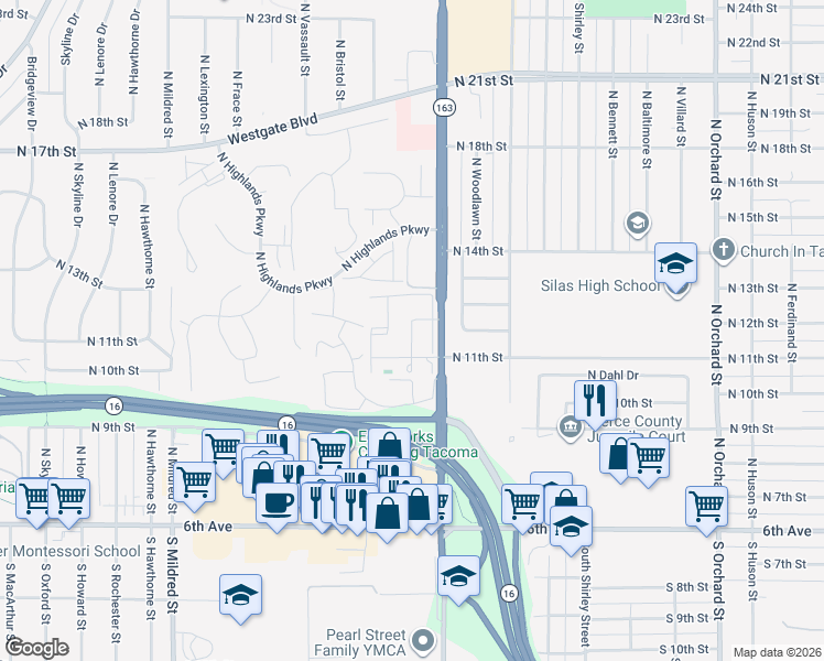 map of restaurants, bars, coffee shops, grocery stores, and more near 1202 North Pearl Street in Tacoma