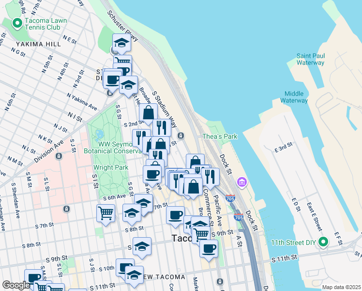 map of restaurants, bars, coffee shops, grocery stores, and more near 431 Broadway in Tacoma