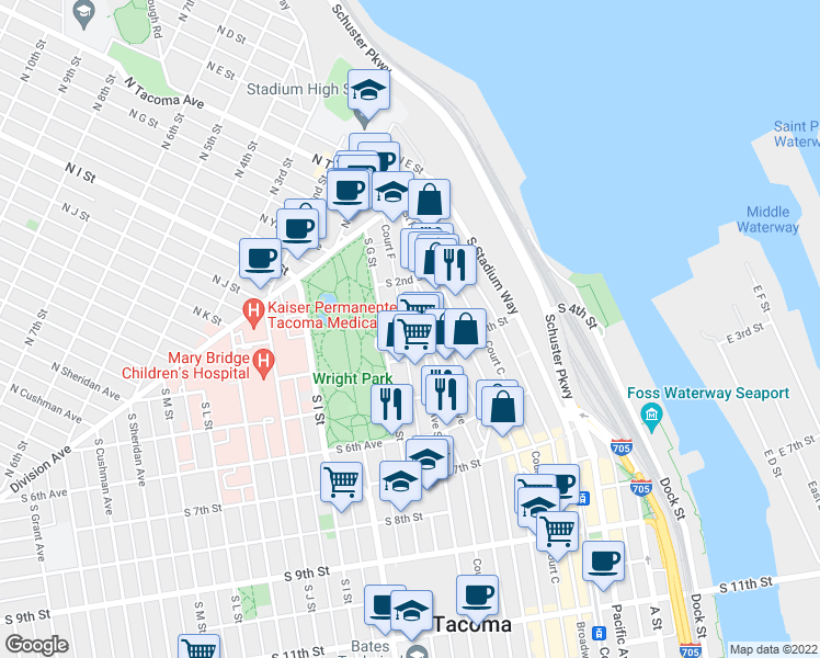 map of restaurants, bars, coffee shops, grocery stores, and more near 308 Tacoma Avenue South in Tacoma