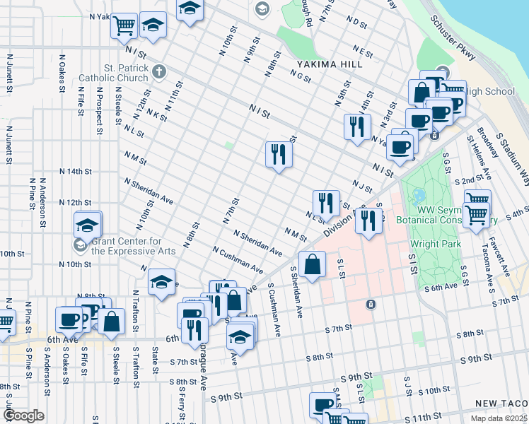 map of restaurants, bars, coffee shops, grocery stores, and more near in Tacoma