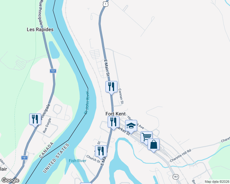 map of restaurants, bars, coffee shops, grocery stores, and more near 30 Cannan Street in Fort Kent