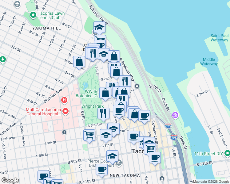 map of restaurants, bars, coffee shops, grocery stores, and more near 235 Tacoma Avenue South in Tacoma