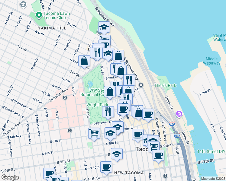 map of restaurants, bars, coffee shops, grocery stores, and more near 304 Tacoma Avenue South in Tacoma